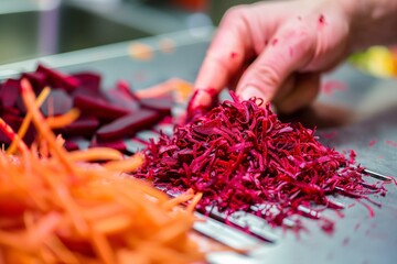 grated beetroot being prepped for a salad garnish
