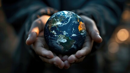 Fototapeta premium Woman's hands gently holding a globe or model of the Earth,symbolizing the care,responsibility,and stewardship that humanity must take to protect and sustain