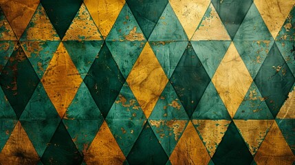 A wall with alternating green and gold diamonds pattern, background, wallpaper