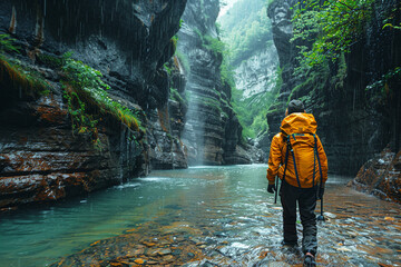 An adventurer in a yellow jacket stands in a river canyon, surrounded by towering cliffs and gentle...