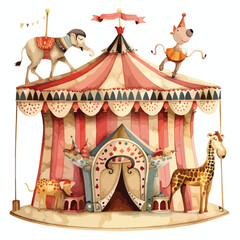 A whimsical circus tent with animals performing. clipart