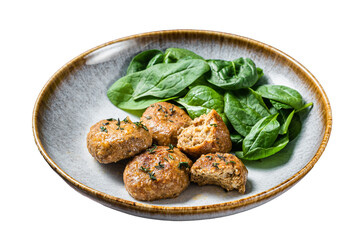  Fish Cakes or Fish balls with tuna and spinach in a plate.  Isolated, Transparent background.