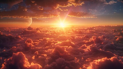 Fototapeta premium A mesmerizing blend of sunset and sunrise hues painted across the sky amidst fluffy clouds