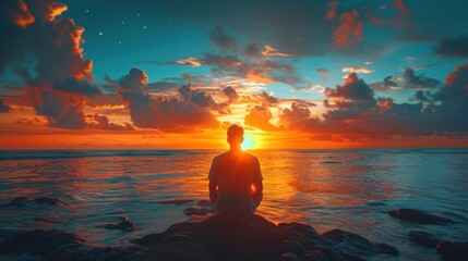 A serene scene of yoga practice on the beach as the sun sets over the tranquil waters, blending nature's beauty with peaceful meditation - obrazy, fototapety, plakaty