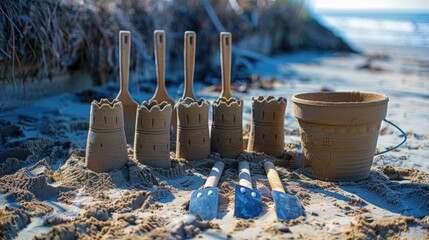 Collection of sandcastle-building tools and toys,including buckets,shovels,and spades,sitting in the sand by the shore The image suggests a scene of coastal recreation,where children or adults
