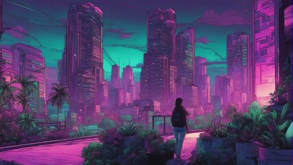 Generative AI. Neon glow art cityscape. Apartments, futuristic, Skyline shot. Beautiful girl standing on terrace. mesmerizing sunset shot. Urban area bathed in neon glow. - obrazy, fototapety, plakaty