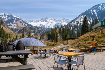 Mountain view in Almaty, Medeu. Hiking to the observation deck to cafe Apa Katya. Gorelnik gorge. - obrazy, fototapety, plakaty