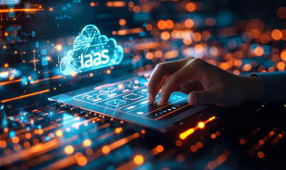 Obraz premium IT professional explores concept of Infrastructure as a Service (IaaS) through digital cloud interface, shift towards on-demand, scalable computing resources in the modern technological landscape