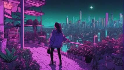 Generative AI. Neon glow art cityscape. Apartments, futuristic, Skyline shot. Beautiful girl standing on terrace. mesmerizing moon, night shot. Urban area bathed in neon glow. - obrazy, fototapety, plakaty