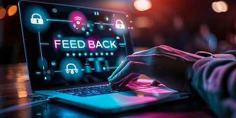 Futuristic concept showcasing importance of feedback in digital age, with hand typing on a laptop and glowing icons representing the continuous flow of feedback and communication in the online world - obrazy, fototapety, plakaty