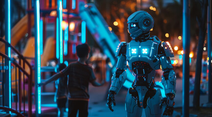 Child and robot interacting at a playground with futuristic blue nighttime lighting,ai generated - obrazy, fototapety, plakaty