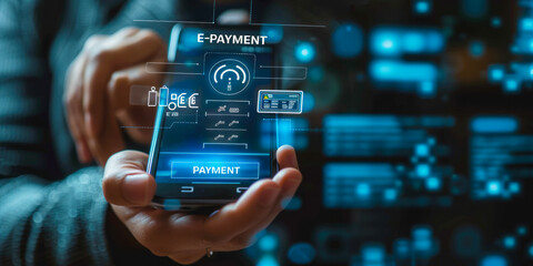 Person holding smartphone and e-payment application, concept of secure and convenient digital payment methods by mobile technology and financial platforms for seamless transactions in cashless society - obrazy, fototapety, plakaty