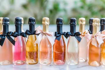 variety of custom mini champagne bottles with bows - obrazy, fototapety, plakaty