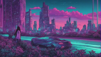 Generative AI. Cityscape of neon glow art. Building and apartments all around, covered in neon. Cars moving on road. mesmerizing view of city bathed in neon colors. 