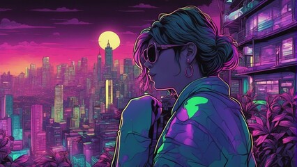 Generative AI. Neon glow art cityscape. City Bathed in Neon Lights. Apartments, futuristic, Skyline shot. Beautiful girl wearing shades and a hoodie. mesmerizing sunset shot. City in background.