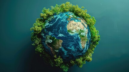 Fototapeta premium Conceptual image depicts a stylized globe or sphere-shaped object nestled amidst lush green foliage and plants,conveying a message of environmental sustainability and ecological harmony