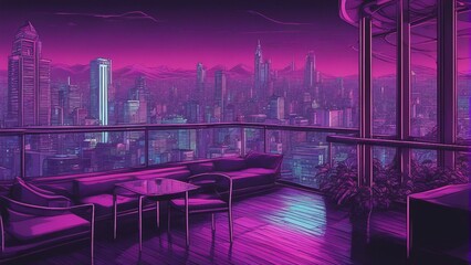 Generative AI. mesmerizing Neon glow art cityscape. colorful city view. City Bathed in Neon Lights. Terrace of building. Apartments, futuristic, Sunset, Skyline shot. Beautiful scene of urban area. - obrazy, fototapety, plakaty