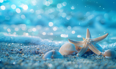 seashells and starfish on sand floor with blue water bokeh light as background with light flare, Generative AI