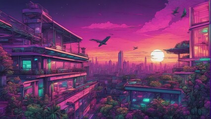 Generative AI. mesmerizing Neon glow art cityscape. colorful city view. City Bathed in Neon Lights. Terrace view of building. Apartments, futuristic, Sunset, Skyline shot. Birds flying above. 