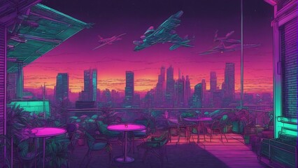 Generative AI. mesmerizing Neon glow art cityscape. colorful city view. City Bathed in Neon Lights. Terrace view of building. Apartments, futuristic, Sunset, Skyline shot. Birds flying above. 