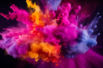 Fototapeta premium Dynamic Burst of Multicolored Powder, Abstract Art Concept with Vivid Pigments in Motion Against a Dark Background, Explosion of Color