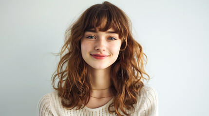 Young woman with highligthed bangs hairstyle on white background,
