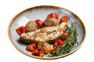 Grilled halibut fish steaks with tomato and potato in plate.  Isolated, Transparent background.