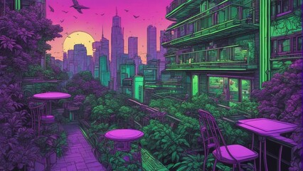 Generative AI. mesmerizing Neon cityscape. colorful city view. Capturing the Mesmerizing Beauty of City Bathed in Neon Lights. Terrace view of building. Apartments, neon glow art, futuristic, Sunset.