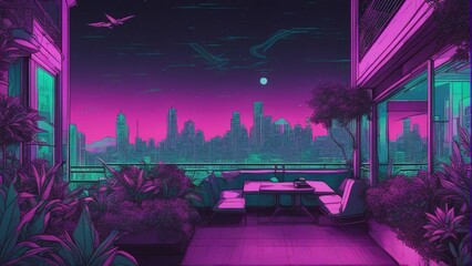 Generative AI. mesmerizing Neon cityscape. colorful city view. Capturing the Mesmerizing Beauty of a City Bathed in Neon Lights. Terrace view of a building. Apartments, neon glow art, futuristic. 