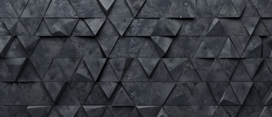 Abstract triangular dark black anthracite gray stone concrete cement mosaic tiles wallpaper texture with geometric ribbed triangles background banner. - obrazy, fototapety, plakaty