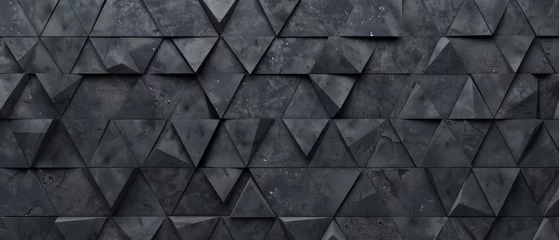 Foto op Plexiglas Abstract triangular dark black anthracite gray stone concrete cement mosaic tiles wallpaper texture with geometric ribbed triangles background banner. © Evgeniia