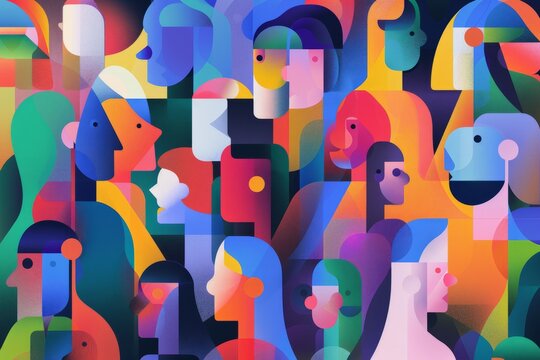 A crowd of diverse people in an abstract vector illustration with geometric shapes and soft gradients