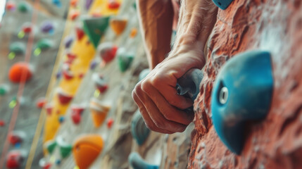 Close-up shot capturing a man's hands gripping handles on a climbing wall in a gym or hall. Intense focus and determination evident as he tackles the challenge of indoor climbing. - obrazy, fototapety, plakaty