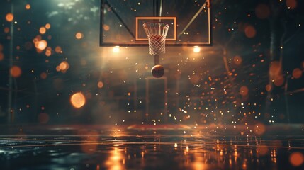 The basketball court is surrounded by bright lights, creating an atmosphere of competition and passion for the game. A ball flies towards the hoop with sparks flying around it.  - obrazy, fototapety, plakaty