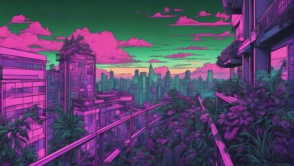 Generative AI. mesmerizing Neon cityscape. colorful city view. Capturing the Mesmerizing Beauty of a City Bathed in Neon Lights. kitchen garden decorated with green plants.