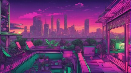 Generative AI. mesmerizing Neon cityscape. colorful city view. Capturing the Mesmerizing Beauty of a City Bathed in Neon Lights. Sundeck decorated beautifully.
