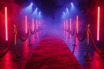 Red carpet and velvet ropes on the sides of an event entrance with spotlights creating dramatic lighting. Elegant background for red carpet events, celebrity vibe - obrazy, fototapety, plakaty