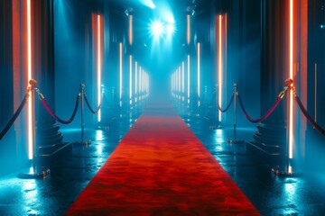Red carpet and velvet ropes on the sides of an event entrance with spotlights creating dramatic lighting. Elegant background for red carpet events, celebrity vibe - obrazy, fototapety, plakaty
