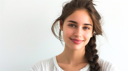 Woman hair style - Young woman with half up half down fishtail braid hairstyle on white background
