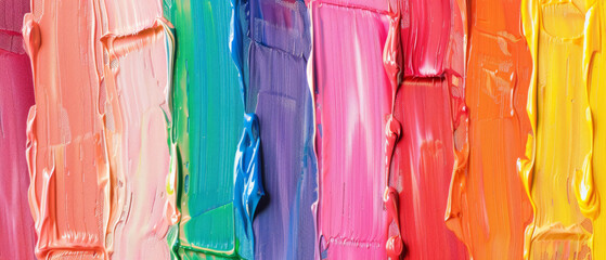 Close-up of a vibrant, abstract painting with a rough texture, showcasing a multitude of colorful rainbow hues.