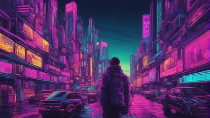 Generative AI. mesmerizing Neon cityscape. colorful city view. Capturing the Mesmerizing Beauty of a City Bathed in Neon Lights.  boy standing at the center of road. cars passing from side.
