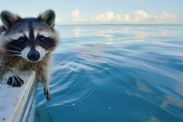 raccoon peering over boat edge, reflection on ocean water - obrazy, fototapety, plakaty