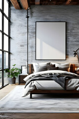 Bedroom interior in loft, industrial style, frame mockup, 3d render, generative ai