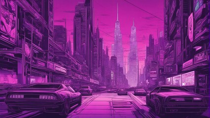 Generative AI. mesmerizing Neon cityscape. colorful city view. Capturing the Mesmerizing Beauty of a City Bathed in Neon Lights. All in purple, cars moving on road, tall buildings around. photo frame.