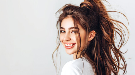 Young woman with wavy ponytail hairstyle - obrazy, fototapety, plakaty