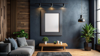 3d render frame blank mockup hanging on wall in modern dark home interior background