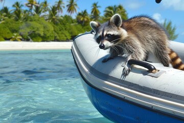 raccoon climbing into dinghy, moored at a tropical island