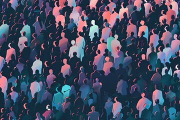 A large crowd of people, each person rendered in soft geometric shapes with multiple colors. The background is dark and the mood should be positive yet mysterious. The illustration uses a vector style