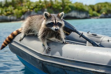 raccoon climbing into dinghy, moored at a tropical island