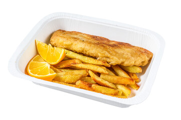 Takeaway box Fish and chips dish with french fries. Isolated, Transparent background.